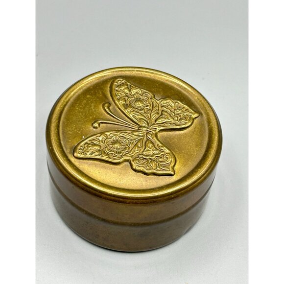 Butterfly Embossed Brass Box Small Cylindric Lidded Trinket Box Red Velvet - Picture 3 of 9